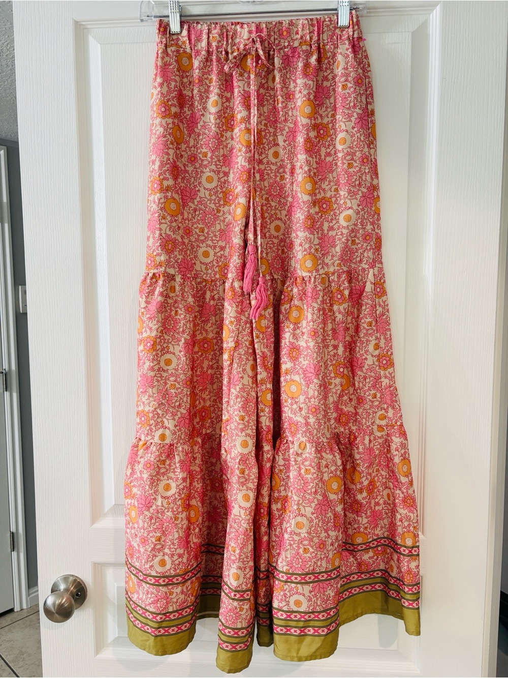 Pink & Orange Floral Boho Tiered Flowy Pant